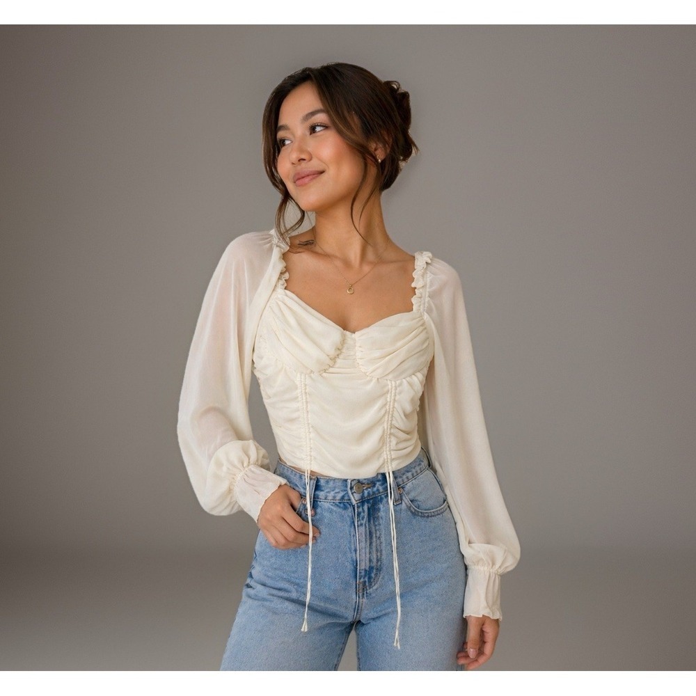 Love Tree Top Sz L Cream Ruched Square Neck Bohemian Cropped Blouse Peasant